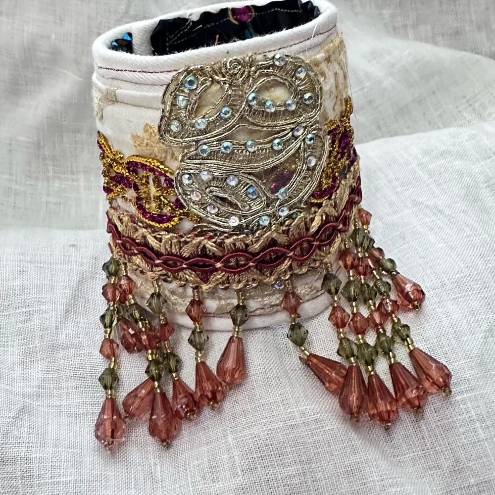 RUBYRUDI Cuff Bracelet Handcrafted OOAK Fabric Embellished Artisan Wearable Art